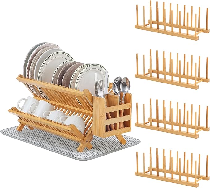6 Pcs Kitchen Organizer Accessories Set 2 Tier Bamboo Collapsible Dish Drying Rack with Utensil Holder Dish Drying Plate Rack and Mat for Cabinet Pot Lid, Bowl, Cup, Chopsticks, Utensils