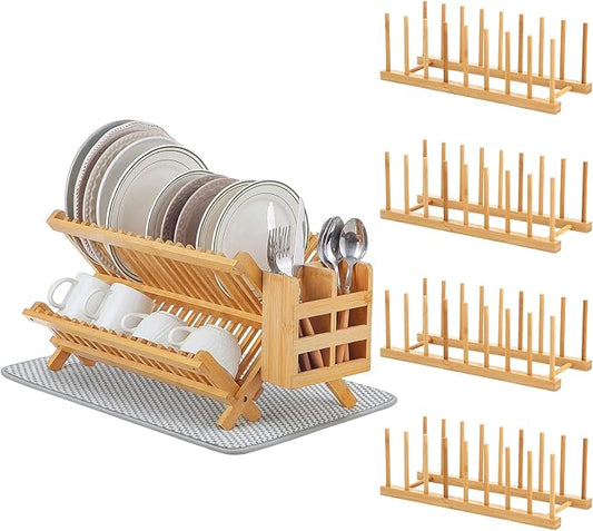 6 Pcs Kitchen Organizer Accessories Set 2 Tier Bamboo Collapsible Dish Drying Rack with Utensil Holder Dish Drying Plate Rack and Mat for Cabinet Pot Lid, Bowl, Cup, Chopsticks, Utensils