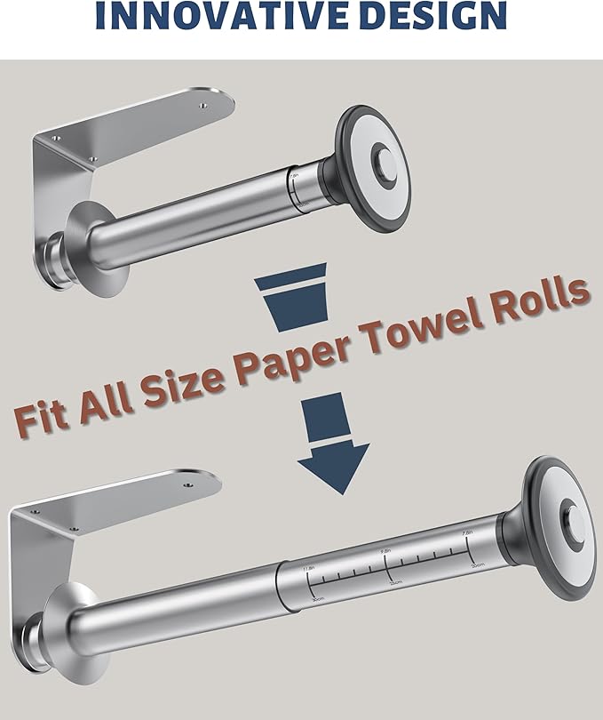 Paper Towel Holder Under Cabinet Adhesive or Wall Mounted Easy Tear One Hand Stainless Steel Fit Rolls(Silver)