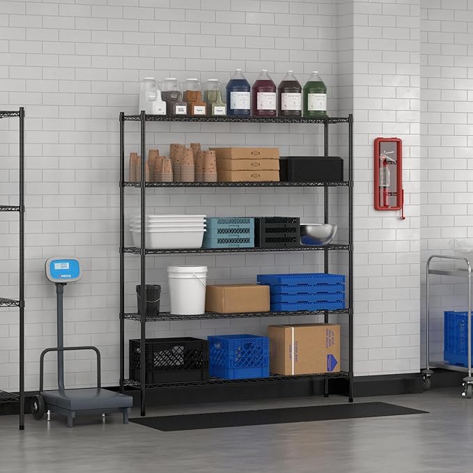 Commercial NSF Listed Black Epoxy Stationary Wire Shelving Kit 14" x 60" x 74", with 5 Shelves Perfect for Warehouse, Walk-in Refrigerator, Freezer, Grocery Store, Restaurant, Dishroom