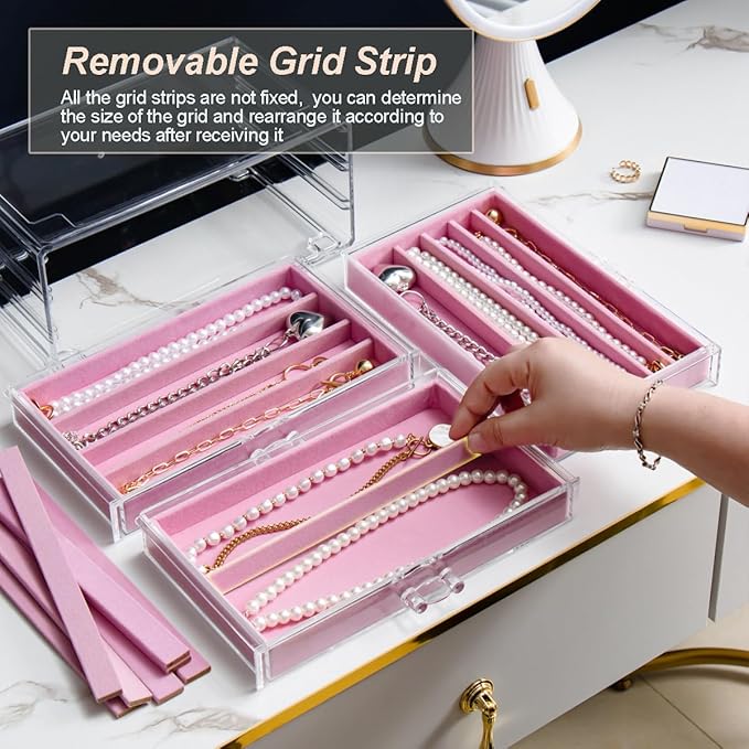 Necklace Holder Organizer, Dustproof Necklace Box Velvet Necklace Organizer Box with Lid Clear Acrylic Dustproof Stackable Jewelry Displays for Necklaces Chain Display (Pink, 5 Drawer)