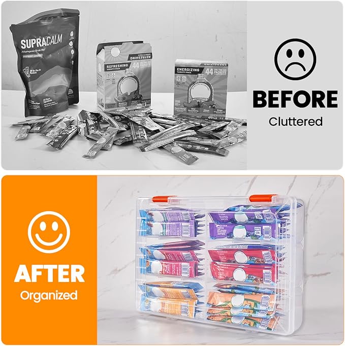 MIMORE Drink Packet Organizer - Water Drink Packet Holder with Lid - Stackable Water Packet Organizer for Drawer, Cabinet or Pantry - Removable Divider