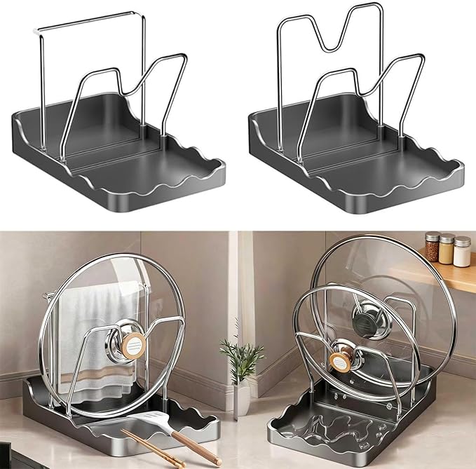 Kitchen Pot Lid Storage Rack - Pot Lid Organizer, Multifunctional Pot Lid Holder While Cooking, Rust-Resistant Carbon Steel, For Cutting Boards, Spoons, Utensils (Black-B, Double Layer)