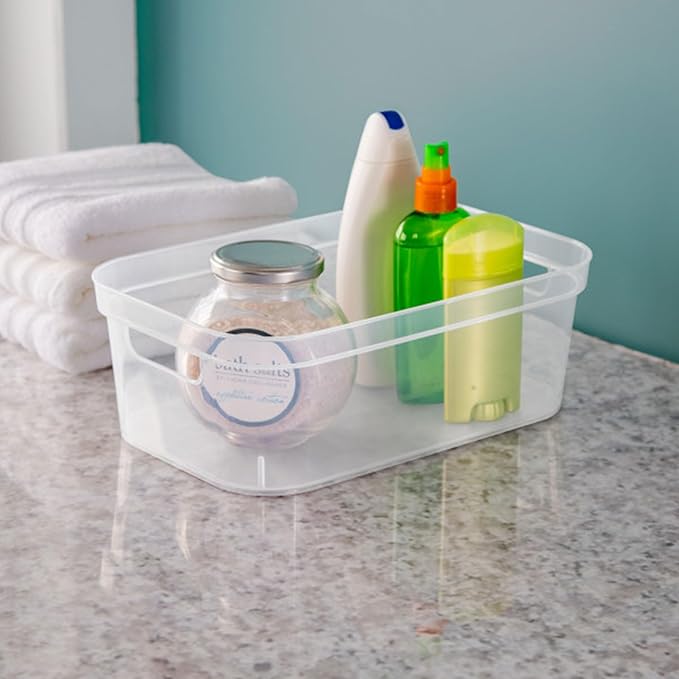 Sterilite 4.25 x 8 x 12.25 Inch Small Modern Storage Bin w/Comfortable Carry Through Handles & Banded Rim for Household Organization, Clear (24 Pack)
