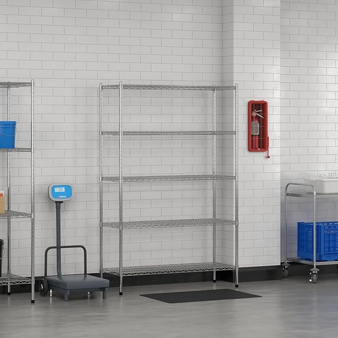 Commercial NSF Listed Chrome Stationary Wire Shelving Kit 18" x 48" x 74", with 5 Shelves Perfect for Warehouse, Walk-in Refrigerator, Freezer, Grocery Store, Restaurant, Dishroom