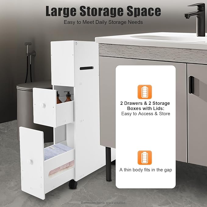 Bathroom Storage Cabinet, Storage Cabinet with Drawers, Movable Narrow Toilet Side Cabinet w/2 Slide Out Drawers, 2 Rattan Baskets & Shelves, Toilet Paper Holder on Wheels for Small Spaces