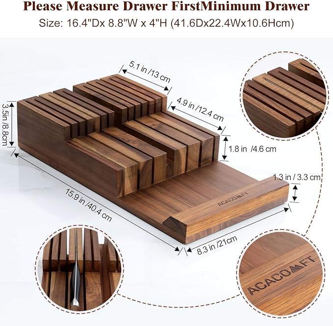 In-Drawer Knife Block, Acacia Wood Kitchen Knife Drawer Organizer, Knife Holder without Knives For Up to 12 Knives Steak Knife Chef Knife