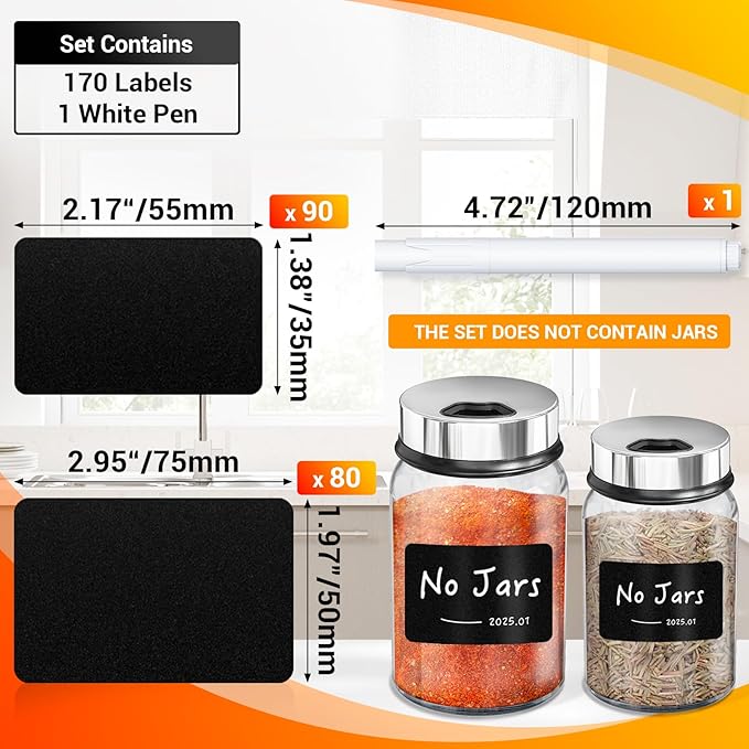 Segarty Chalkboard Labels, 170 Pcs Square Blank Labels with 1 White Chalk Marker for Spice Jars, Waterproof Revmovable Black Stickers for Food Containers, Seasoning Bottles, Kitchen Storage Bin