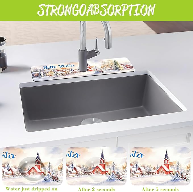 Chrismas Sink Faucet Absorbing Mat Hello Winter Sink Splash Guard Drying Mat for Kitchen Bathroom Faucet Sinkmat 23.5"X5.5"