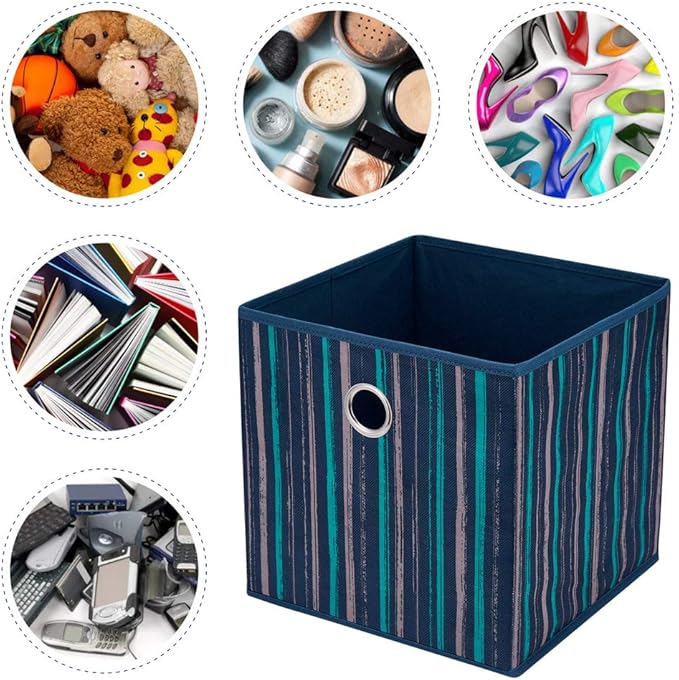 HSDT3 Cube Storage Bins 11x11x11 Inch Foldable Teal-Yellow Vertical Stripes Gradient Lines Print Fabric Storage Basketes for Home Organizers Storage Drawer,QY-SC17-3,Cream Navy Blue(Set of 3)