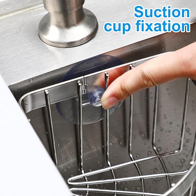 Housoutil Suction Sponge Holder, Movable 90°corner Sink Caddy Ith Strong Suction Cup, Stainless Steel Hollowed-out Caddy for Kitchen Bathroom