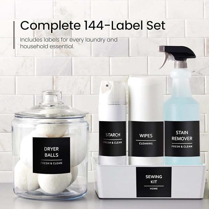 Talented Kitchen 144 Minimalist Laundry Labels – White Print on Matte Black Backing, Waterproof Vinyl Adhesive Stickers for Laundry Room, Kitchen, Pantry, Spice Jars & Household Organization