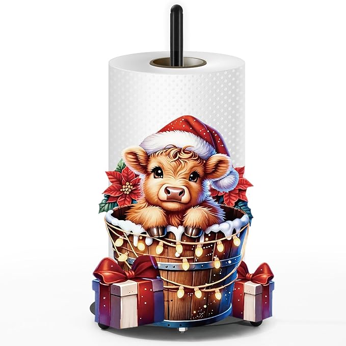 JarThenaAMCS Highland Cow Christmas Paper Towel Holder with Round Base Large Metal Xmas Bathroom Decor Rustic Dispenser Kitchen Paper Holder Stand for Winter Party Countertop Toilet Home Accessories
