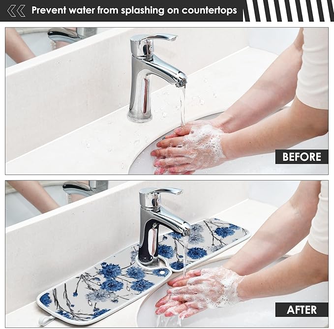 2 PCS Kitchen Sink Splash Guard 30 Inch Faucet Mat for Kitchen Sink Bathroom Sink Faucet Absorbing Drip Drain Mat Pad Microfiber Soft Washable Watercolor Blue Cornflower Daisy Butterflies