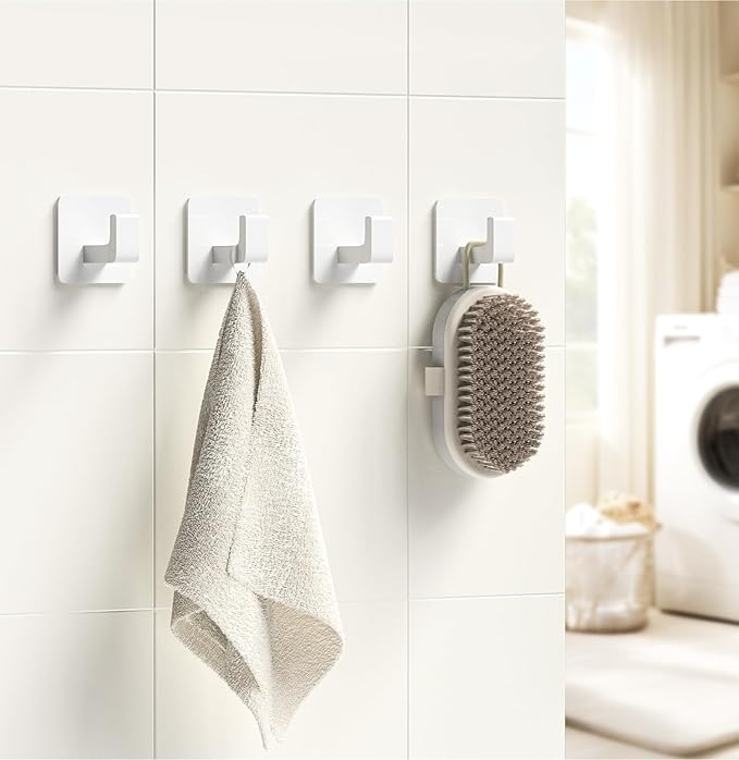 GWAAZXGZ Square Self Adhesive Towel Hooks - 4 Pack Matte White Metal Hooks, Right-Angle Design for Towels, Robes & Hats, Organize Bathroom, Kitchen, Entryway, Doors, Cabinets on Smooth Surfaces