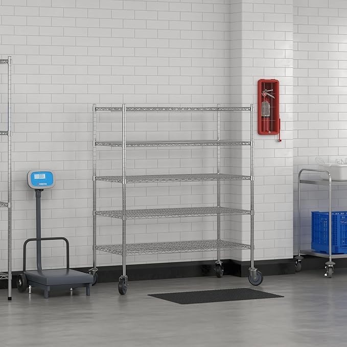 Commercial NSF Listed Chrome Mobile Wire Shelving Kit 24" x 48" x 60", with 5 Shelves Perfect for Warehouse, Walk-in Refrigerator, Freezer, Grocery Store, Restaurant, Dishroom