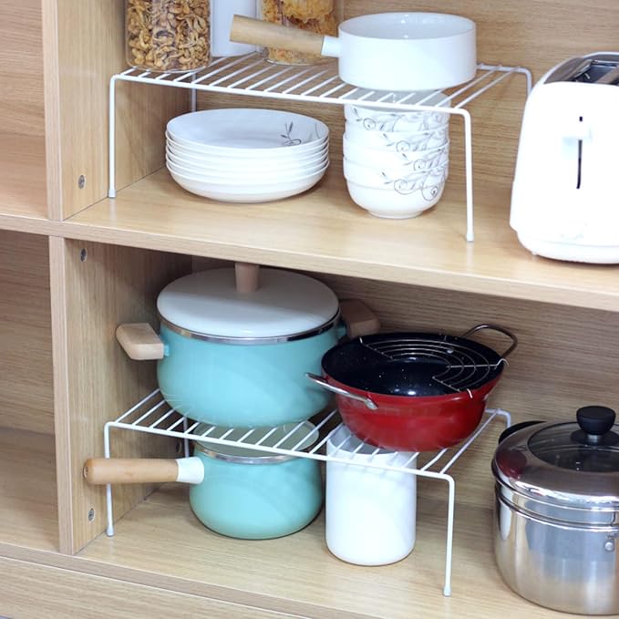 Kitchen Cabinet Shelf Organizer Set of 4, Medium (13 x 9.4 inch) Metal Wire Pantry Storage Shelves, Dish Plate Racks for Cabinets, Freezer, Counter, Cupboard Organizers and Storage, White