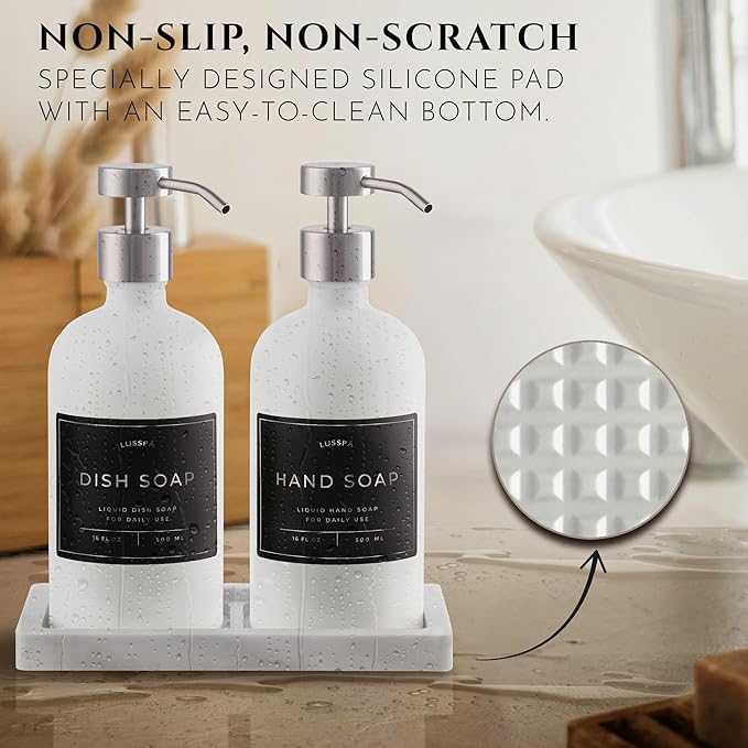 Lotion, Hand & Dish Soap Dispenser for Kitchen & Bathroom | Soap Dispenser Set of 2 16.8 Oz Glass Bottles with Stainless Steel Pump, 15 Water Proof Labels & Silicon Tray (White/Silver)