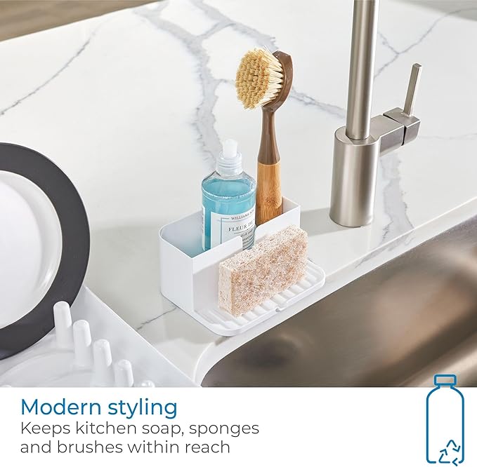 iDesign Kitchen Sink Caddy for Countertop with Sponge Holder and Drain Spout - White