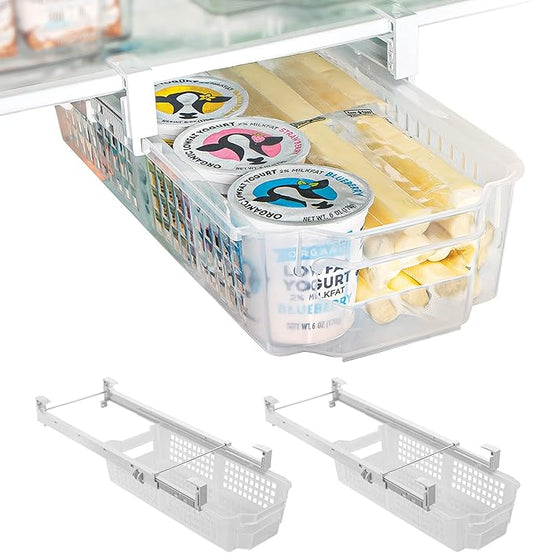 Smart Design Adjustable Pull Out Refrigerator Drawer - Medium, Set of 3 - Extendable Rails and Handle - BPA Free - Holds 15 lbs - Fridge Bin, Freezer, Pantry Food Storage Organizer - Kitchen - Clear