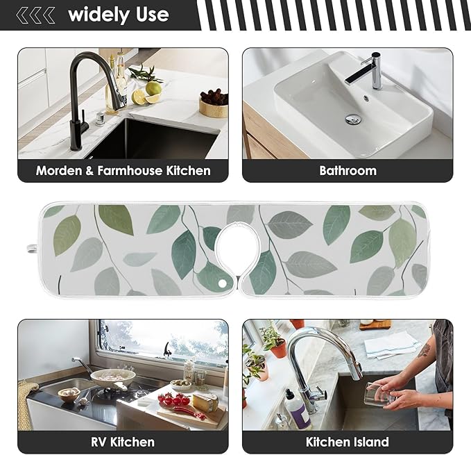 2 PCS Kitchen Sink Splash Guard 14.9 Inch Faucet Mat for Kitchen Sink Bathroom Sink Faucet Absorbing Drip Drain Mat Pad Microfiber Soft Washable Green and Grey Leaves