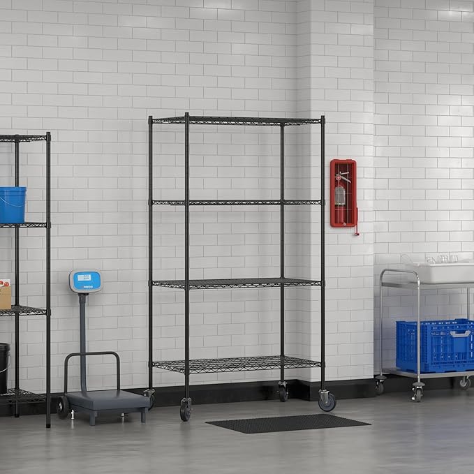 Commercial NSF Listed Black Epoxy Mobile Wire Shelving Kit 24" x 42" x 80", with 4 Shelves Perfect for Warehouse, Walk-in Refrigerator, Freezer, Grocery Store, Restaurant, Dishroom
