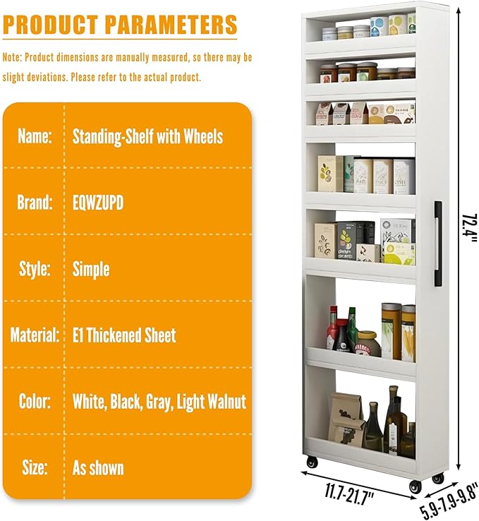 7 Tier Standing-Shelf with Wheels, 5.9/7.9/9.8'', Wooden Slim Storage Cart, Thickened Plate, Scratch-Resistant and Wear-Resistant, for Home, Kitchen, Bakers, Closet, Pantry, Dining Room