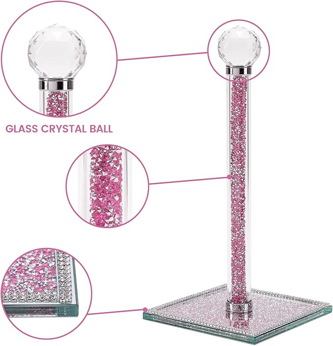 Crushed Diamond Paper Towel Holder Stand Crystal Paper Towel Holder Countertop Bling Kitchen Decor (Pink)