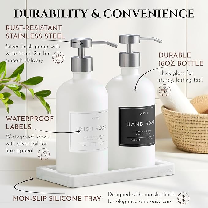 Lotion, Hand & Dish Soap Dispenser for Kitchen & Bathroom | Soap Dispenser Set of 2 16.8 Oz Glass Bottles with Stainless Steel Pump, 15 Water Proof Labels & Silicon Tray (White/Silver)