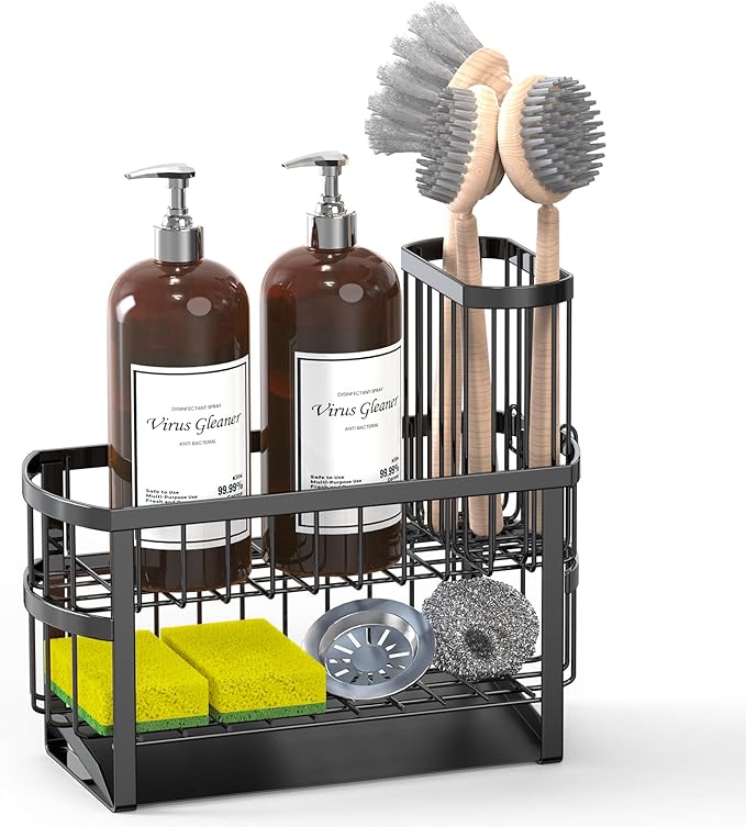 UEFFNR Kitchen Sink Organizer Caddy, 2 Tier Sink Caddy Organizer with High Brush Holder, Rust-Proof Countertop Rack (Black 10.6 * 4.3 * 5.7") for Kitchen Accessories & Dish Brushes