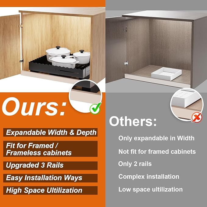 Pull Out Cabinet Organizer, Expandable Width (12"-18") Depth (13"-23") with 3-Slide Rails, No Drill Adhesive Pull Out Drawers for Kitchen and Pantry Cabinets, for Both Lip and Lip-Free Cabinets,Black