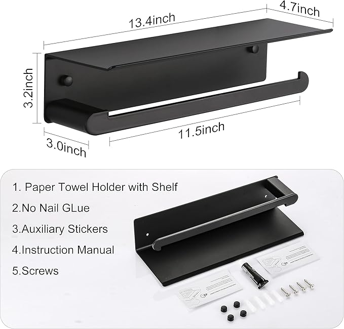 Paper Towel Holder Wall Mount for Kitchen, Self-Adhesive Paper Towel Holder with Shelf for Bathroom, Anti-Rust Aluminum, No Drill or Wall-Mounted with Screws (Matt Black)