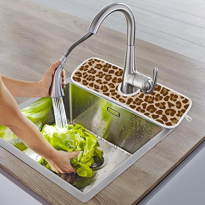2 PCS Kitchen Sink Splash Guard 30 Inch Faucet Mat for Kitchen Sink Bathroom Sink Faucet Absorbing Drip Drain Mat Pad Microfiber Soft Washable Brown Leopard Print
