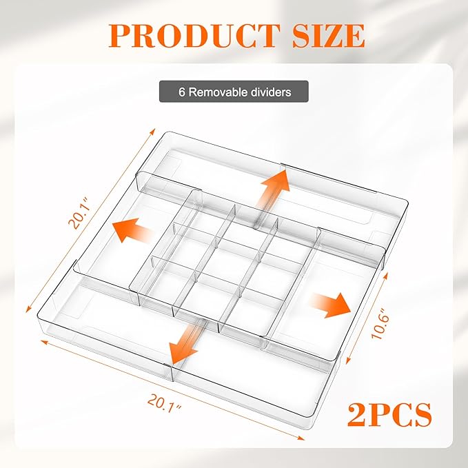 2 Pcs Expandable Acrylic Drawer Organizers 9 Square Grid Adjustable Clear Drawer Dividers Organizer for Desk, Makeup, Jewelry, Office, Kitchen Supplies (Large)