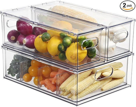 Bronkeeper Fridge Drawer Pull Out Stackable Bins, Clear Refrigerator Stackable Organizers, Fridge Organizer Storage for Kitchen, Pantry, Vegetables, Fruits (2 Small + 1 Large)