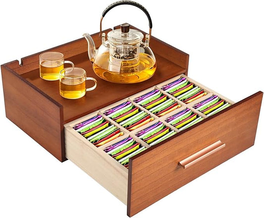 Wooden Tea Bag Organizer, Tea Storage Box for Countertop, Tea Station Organizer with Cable Slots, Multi-Functional Tea Bag Organizer with 8 Compartments & Removable Drawer Dividers