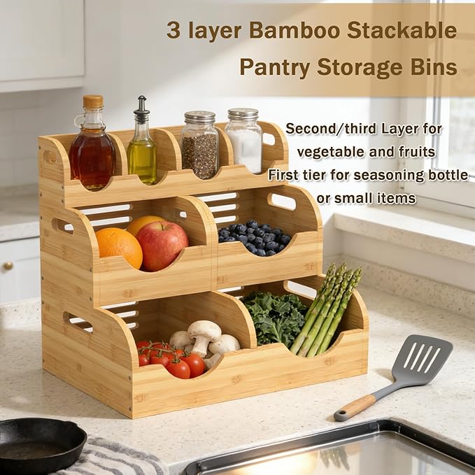 Upgraded 3 Tier Bamboo Pantry Storage Bins, Stackable Potato and Onion Storage Bin with Airflow Vent, Potato Storage, Pantry Baskets, Vegetable Storage, for Kitchen Countertop, Cabinet, Living Room