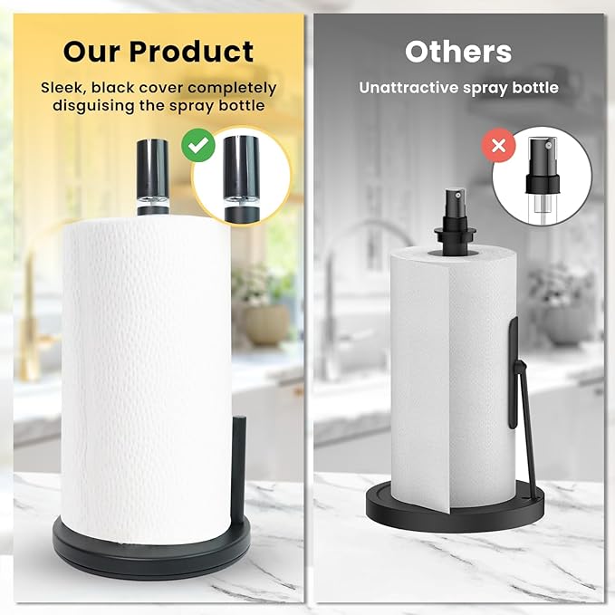 BLUJAYE 2 in 1 Paper Towel Holder with Spray Bottle - Matte Black Paper Towel Holder Countertop & Spray Bottle - Rust-Resistant Metal Base Standing Paper Roll Mount for Kitchen, Bathroom & Garage