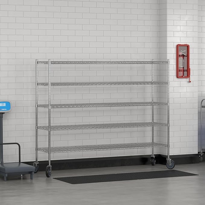 Commercial NSF Listed Chrome Mobile Wire Shelving Kit 18" x 72" x 60", with 5 Shelves Perfect for Warehouse, Walk-in Refrigerator, Freezer, Grocery Store, Restaurant, Dishroom