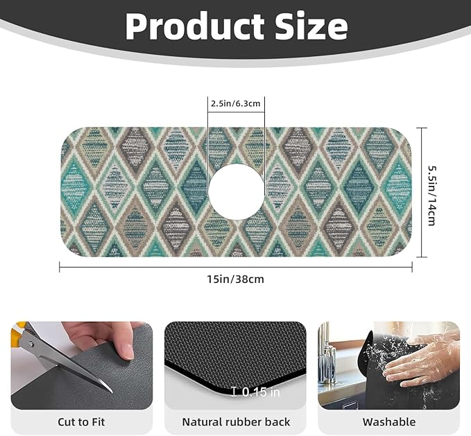 Teal And Brown Boho Style Kitchen Sink Splash Guard Faucet Mat Super Absorbent Fast Drying Mat Sink Gadgets-Fast Drying Pad Sink Mat For Kitchen Bathroom (15" X 5.5" )