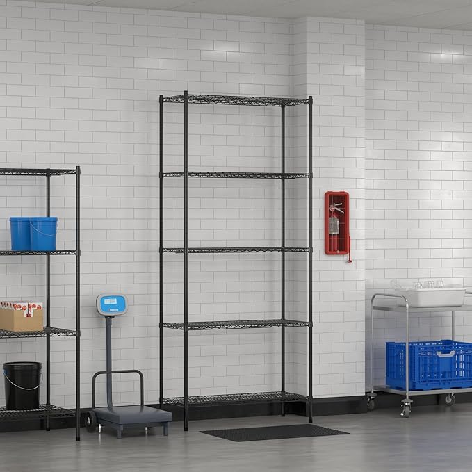 Commercial NSF Listed Black Epoxy Stationary Wire Shelving Kit 18" x 42" x 96", with 5 Shelves Perfect for Warehouse, Walk-in Refrigerator, Freezer, Grocery Store, Restaurant, Dishroom