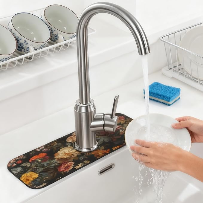 Sink Faucet Mat Elegant Flowers Kitchen Splash Guard Absorbent Bathroom Sink Mat Around Faucet 15" x 5.5" Drying Mats Stone Draining Mat