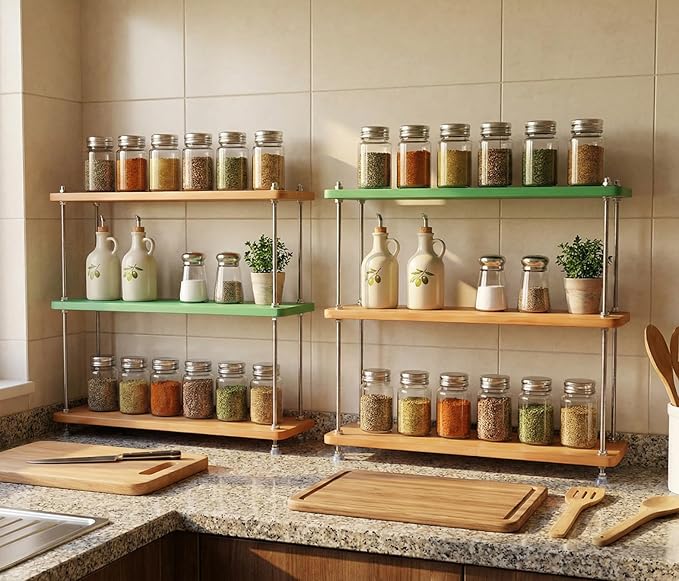 VINIUSIKI DIY Height-Adjustable 3 Tier Countertop Shelf Organizer, Kitchen Spice Rack for Countertop, Wood Coffee Counter Shelf Organizer for Home - 15.7"x5.7"x16.14" (LxWxH)