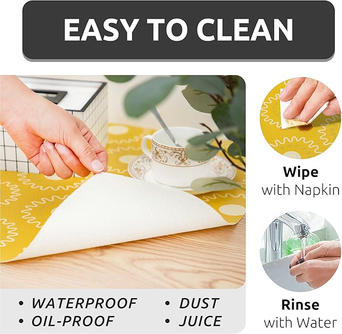 18X96 Inch Shelf Liner for Kitchen Cabinets, PVC Drawer Liner for Dresser Non-Slip Bathroom, Non-Adhesive Cabinet Liner Washable (Yellow Circle)(4 Roll)