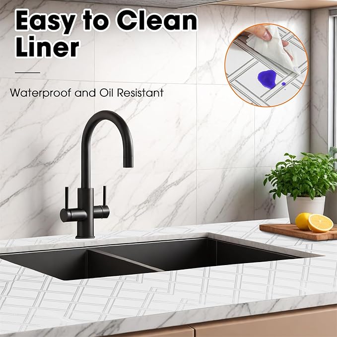 Gopas Drawer and Shelf Liner for Kitchen Cabinets Non-Adhesive, Non-Slip Cabinet Liner Shelf Paper Strong Grip Waterproof Easy to Clean for Kitchen Shelves Cupboard,Silver Geometric,12IN X 10FT