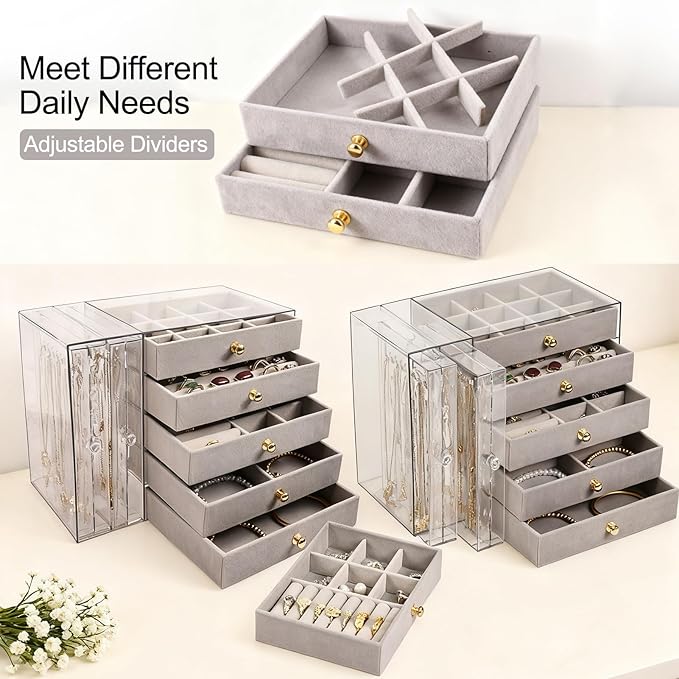 Greenfeather Jewelry Organizer with 7 Removable Drawers, Clear Acrylic Jewelry Box with 16 Necklace Hooks, 48 Pairs of Earring Holes, 5 Velvet-Lined Drawers for Rings, Bracelets, Necklaces,Gray
