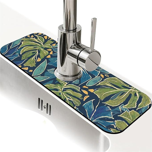 Kitchen Sink Splash Guard，Large tropical leaves Faucet Mat Sink Gadgets-Super Absorbent Fast Drying Mat Drip Catcher for Kitchen, Bathroom,Sink Mat, Dish Drying Mat, Bathroom(15" X 5.5" )