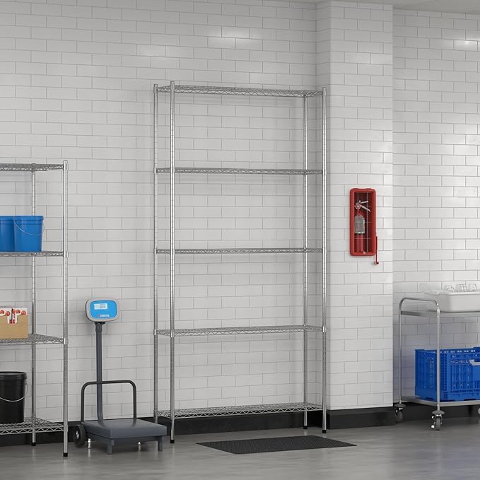 Commercial NSF Listed Chrome Stationary Wire Shelving Kit 12" x 48" x 96", with 5 Shelves Perfect for Warehouse, Walk-in Refrigerator, Freezer, Grocery Store, Restaurant, Dishroom