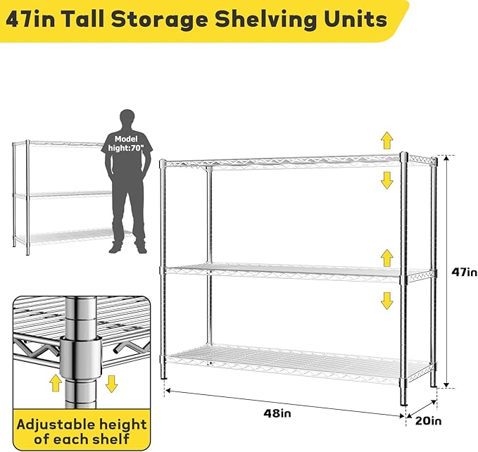 MODCART Storage Shelves, 2 PCS 48" L x 20" W x 47" H Heavy Duty Garage Wire Shelving Unit Loads 1200LBS, 3-Tier Adjustable Metal Industrial Utility Shelf Rack for Kitchen, Laundry Room, Basement