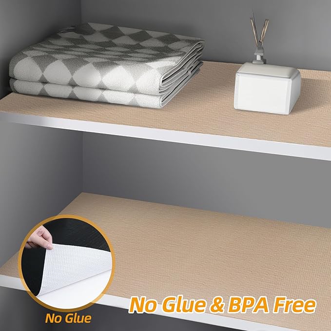 Shinlendid Shelf and Drawer Liner for Kitchen Cabinets Non-Adhesive, Strong Grip Non-Slip Thickened Cabinet Liners for Shelves, Waterproof Mats for Dresser Cupboard, Khaki, 12 in x 30 Feet